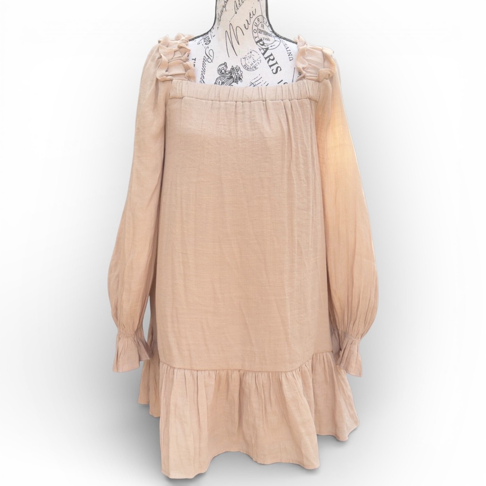 By the River Tan Boho Flowy Tiered Mini Dress Small Romantic Ruffle Cottagecore